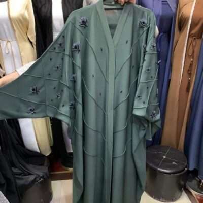 Green Kaftan Flower Beads Abaya