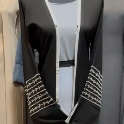 White Beaded Piping Shrug Abaya