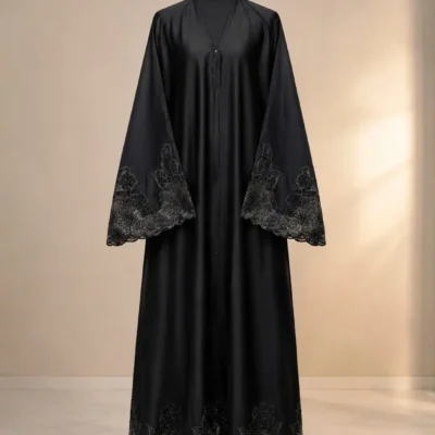 Trendy Designer Flower Lace Black Abaya